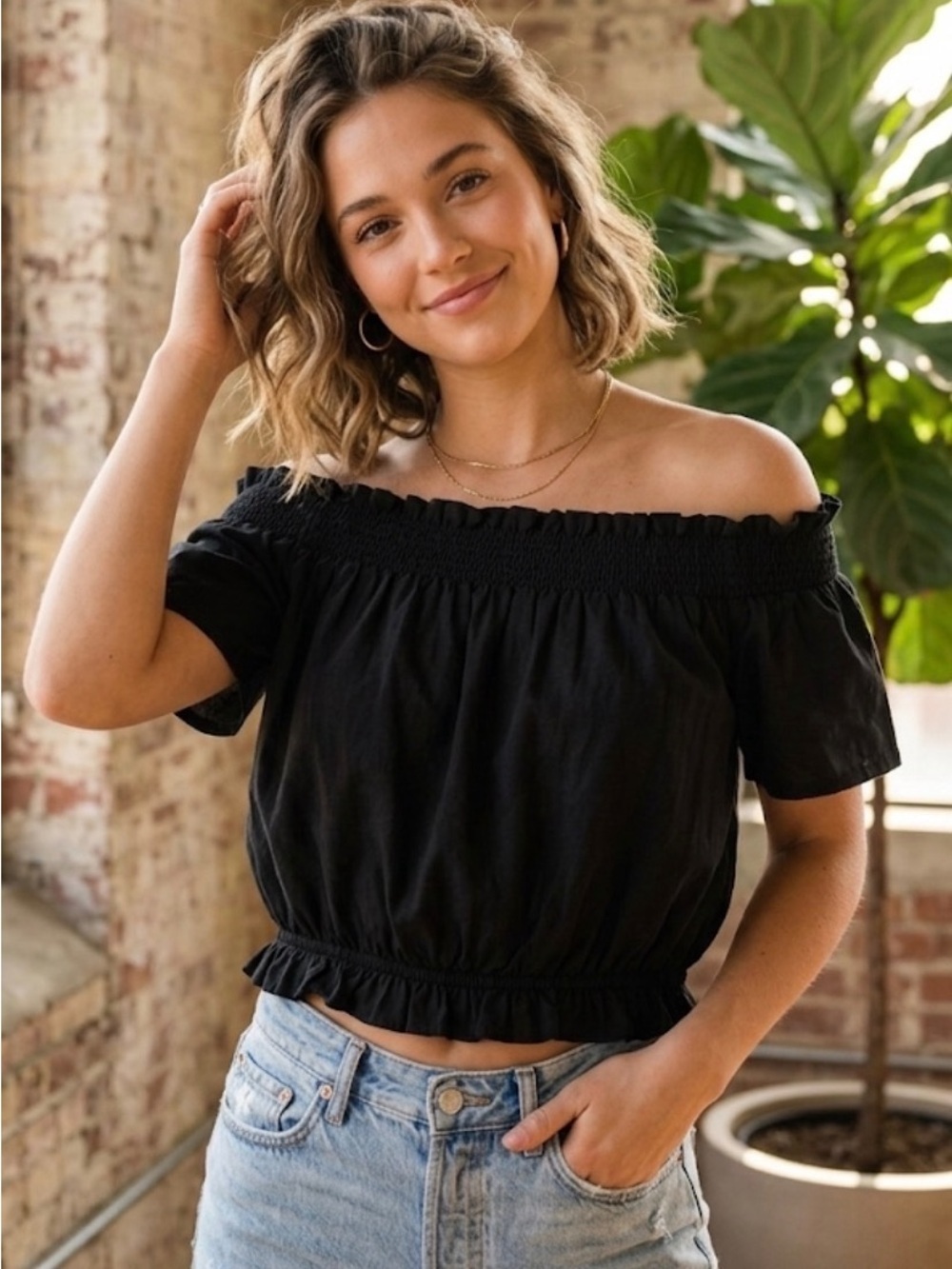 J Marie Black Off-Shoulder Smocked Crop Top